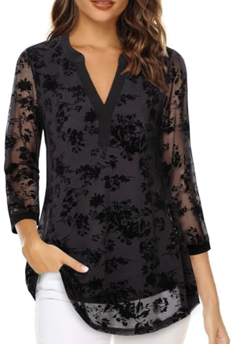 BSBUY Blusas para Mujer, Blusa Mujer Elegante Manga 3/4, Camisas de Mujer Cuello en V, Ligera e Informal, Estilo Casual, Talla Grande(L)