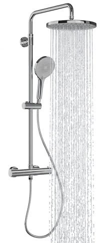 Alphabath Duschsystem mit Thermostat Chrom, Duscharmatur Komplettset mit 3 Strahlarten Handbrause & 26cm Rund Kopfbrause, Höhenverstellbarer Duschstange, 150cm Schlauch, Regendusche mit Armatur