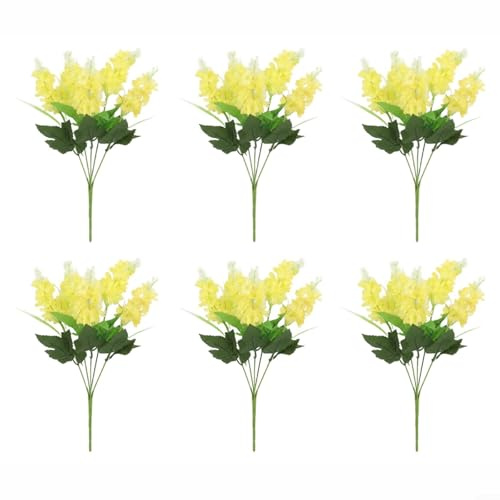 BildeeMait Juego de 6 flores artificiales de seda de lavanda y jacinto, tallos realistas de tela de 35 cm en morado oscuro, morado claro, amarillo, blanco y rosa (amarillo)