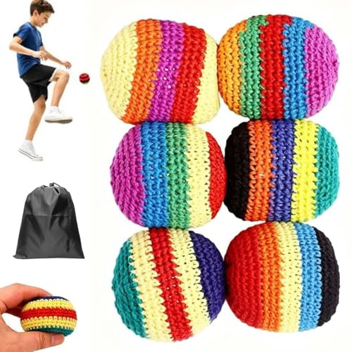 YUNFAN 6 Pcs Hacky Sack,Footbag Hand-Made Knitted Sack,Assorted Foot Bag Crochet Hacky Ball for Adults,Juggling Balls with Multicolored Geometric Pattern,Outdoor Soccer Kick Bag,for Beginners (B)