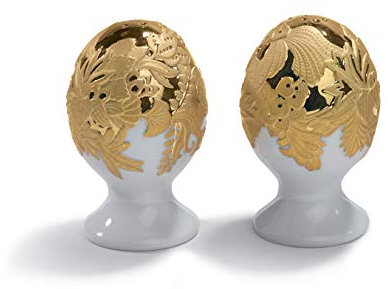 LLADRÓ Salero Y Pimentero Redondos Naturofantastic. Lustre Oro. Salero Y Pimentero de Porcelana.