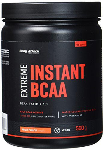 Body attack Extreme Instant BCAA - 500 g - Fruit Punch - Made in Germany - Gut lösliches, veganes BCAA Pulver im Verhältnis 2:1:1 - Zuckerfreie Aminosäuren für intensives Training - Mit L-Leucin