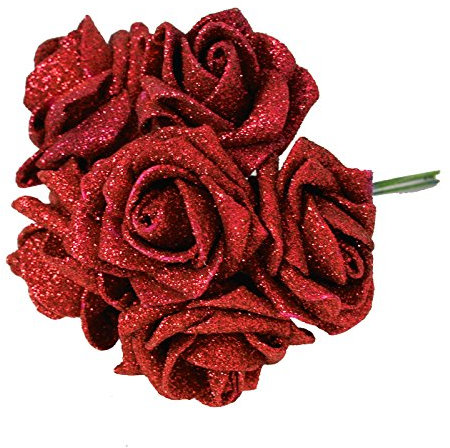 Full Glittered Foam Roses! Artificial Flowers Bling Glittery Shiny Fake Silk[Red]