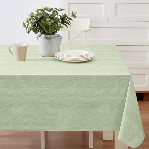 Newbridge Vinyl Flannel Backed Tablecloth, 60 x 102 Inch Rectangle, Sage Green Moire Wavy Solid Design, Heavyweight Indoor Outdoor Waterproof Table Cover, Easy Care Wipe Clean