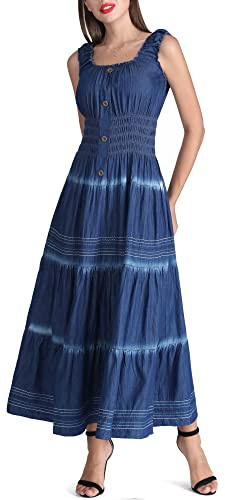 DREFBUFY Women's Maxi Dress Sleeveless Denim Long Summer A-line Casual Blue Cotton Boho Flowy Sundresses for Women