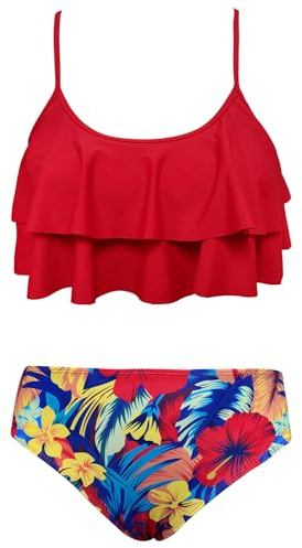 SHEKINI Mädchen Zweiteiliger Badeanzug Rüschen Verstellbare Gedruckt Tankini Oberteil mit Bikinihose Bikini Teenager für 6-14 Jahre