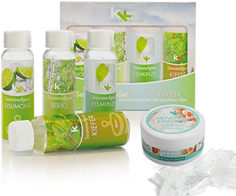 Sauna Set | KK Saunaaufgussset 4 x 100 ml + 50g Mentholkristalle | Saunakonzentrat + Menthol-Kristalle (Skandinavien, inkl. 50 g Menthol-Kristalle)