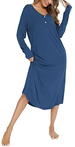 Vlazom Women's Nightgowns Long Sleeves V Neck Button Down Sleep Shirt Soft Nightdress Sleepwear Loungewear,A-Dark Blue,M