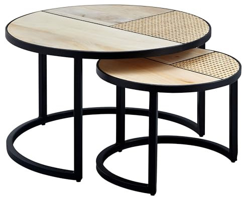 FineBuy Design Wohnzimmertisch 2er Set Mango/Rattan Beistelltisch Rund, Couchtisch Wiener Geflecht, Tischset 2-teilig mit Metallbeine, Satztisch Holz/Metall