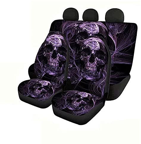 KEIAHUAN Autositzbezug-Set, Totenkopf-Design, komplettes Set, 4-teilig, für Vorder- und Rücksitzbezug, Rückenlehne, Sitzschutz, waschbar, Polyestergewebe für Familienautos, Innenraum
