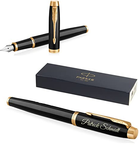 Parker IM Core Fountain Pen with Engraving, Premium Pen, Gift Box, Blue Ink, Personalised Gift, Name, Engraved, Fountain Pen, Anniversary, Birthday (Black Lacquer G.C.)