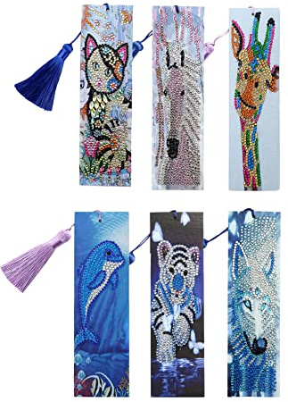 NCTCITY 6 Sätze 5D Diamant Malerei Lesezeichen DIY Leder Quaste Lesezeichen Diamond Painting Bookmark Strass Stickerei Kunst Handwerk für Studentengeschenke, Eule und Pfau