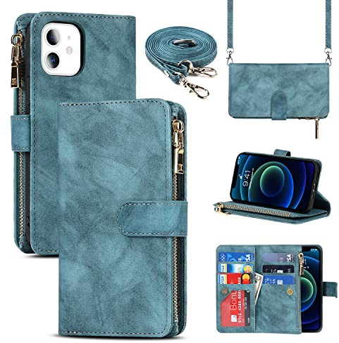 CAVOR HandyHülle kompatibel mit iPhone 12 Mini Hülle Mit Band,Flip Leder Geldbörse Hülle Mit Handykette,[9 Kartenfach][Magnetisch],Klapphülle Handytasche kompatibel mit iPhone 12 Mini - Hellblau