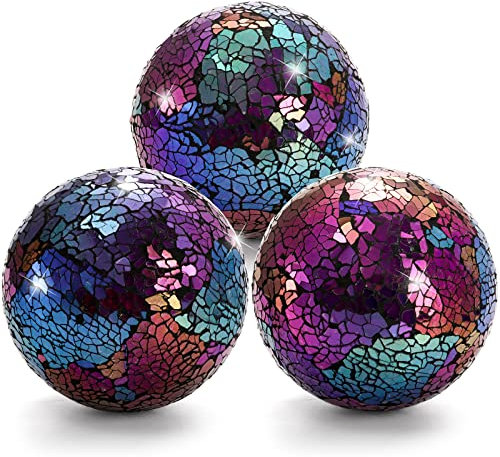 TOPZEA 3 Pack Decorative Glass Balls, 4 Inch Colorful Glass Mosaic Orbs Sphere Bowl Fillers Table Centerpiece Ball for Bowls, Vases, Dining Coffee Table Decor, Rainbow Color