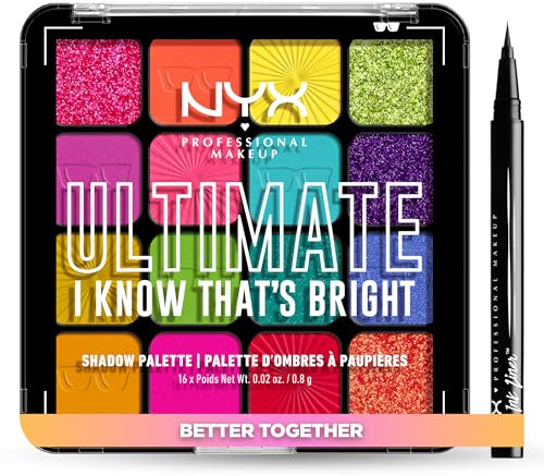 NYX Professional Makeup Ultimate Shadow Palette, Lidschattenpalette, 16 Farbtöne, Schimmernd und Metallisch, Individuelles Finish, Farbton: Brights & Epic Ink Eyeliner, Filzstift, wasserfest, schwarz
