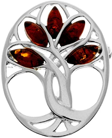 Bijoux en argent sterling 925 et ambre véritable de la Baltique - Broche arbre de vie GL824, Argent sterling, Ambre