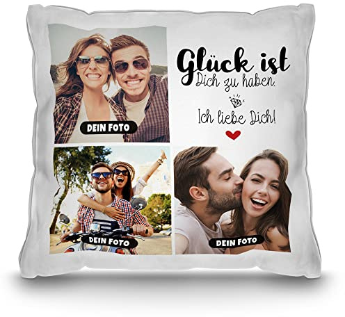 Print Royal PR Kissen mit Füllung - Fotocollage selbst gestalten mit Spruch - Glück ist - mit DREI eigenen Fotos - Geschenkidee Fotokissen | Kissen weiß, 40 x 40 cm