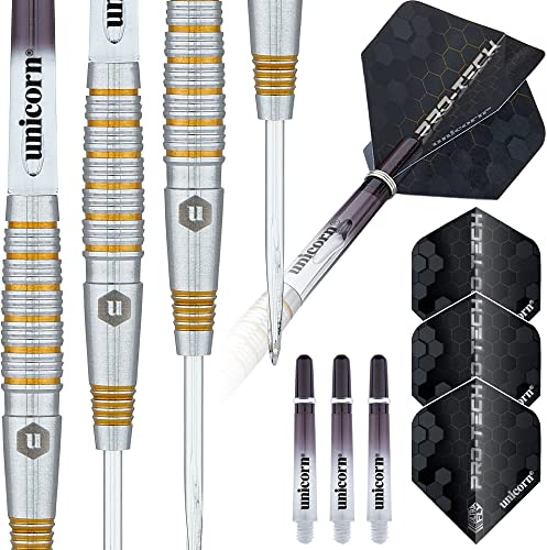 Unicorn Dartpfeile Set | Pro-Tech Style | 90% natürliche Wolfram Barrels mit goldenen Akzenten & Volute Points | Stahlspitze
