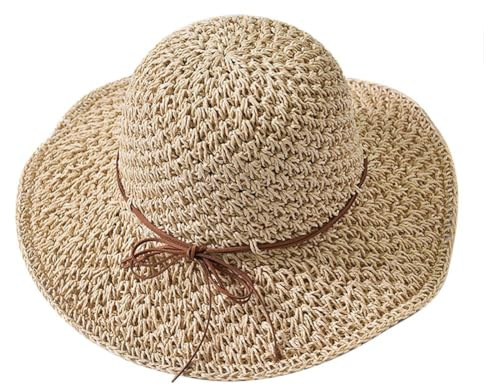 Chapeau de Paille d'Eté pour Femme Chapeau de Soleil Anti-UV Pliable Capeline Large Bord Protection Soleil UPF50+ Fedora Réglable Capeline de Plage Respirant Décoration Vacances pour Extérieur Pêche