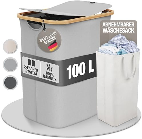 Wäschekorb 100L mit 2 Deckeln und 2 Fächern – Faltbarer Wäschesammler aus Bambus-Stoff Hellgrau – Wäschebox, Wäschetruhe, Wäschebehälter, Wäschetrenner für Bad, Schlafzimmer & Waschküche