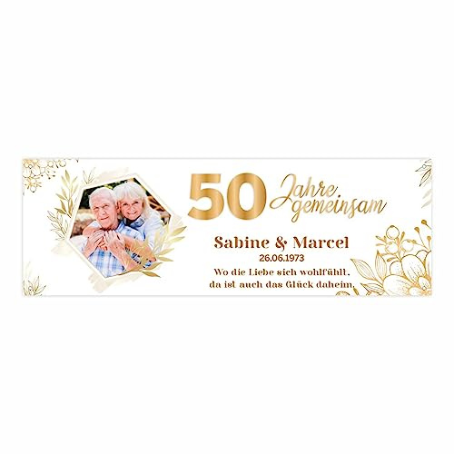 Personalisiertes Hochzeitsbanner – Banner Personalisiert mit Namen, Datum & Wunschtext – elegantes Hochzeitsbanner zur Hochzeit oder Jubiläum – Deko in 150x50 cm oder 225x75 cm – Goldenen Hochzeit