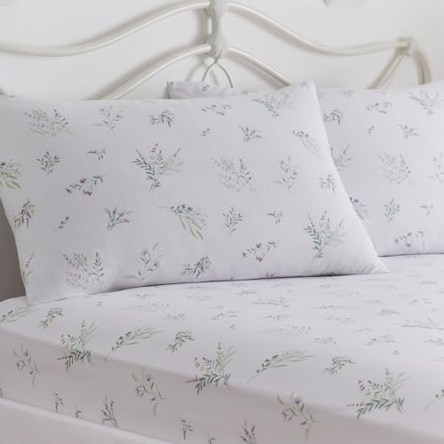 Dreams & Drapes Lavender Floral Fitted Sheet Set – White – King Size (200 x 152 x 28cm) – 2 Pillowcases – Lilac Botanical Print – Soft White Bedding – Matching Duvet Cover Available