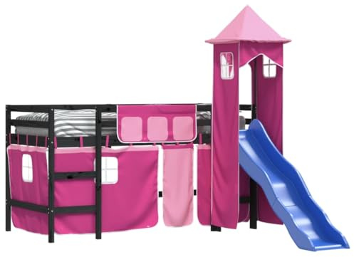 vidaXL Kinderhochbett, Hochbett mit Turm Rutsche, Spielbett Bett für Kinder ab 6 Jahren, Kinderbett Etagenbett Stockbett, Rosa 80x200cm Massivholz Kiefer