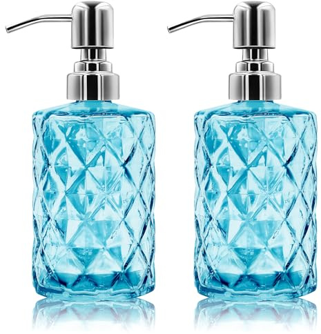 2 Pack 12 Oz Glass Soap Dispenser with Stainless Steel Pump, Refillable Liquid Hand Soap Dispenser for Bathroom, Vanity Countertop, Kitchen Sink, Laundry Room, Home Decor Accessories (Blue)