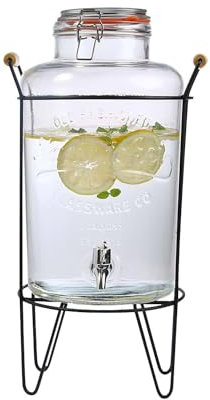 8L litres Glass Drink Dispenser with Black Wire Stand + Tap/Lid – Glass Water Dispenser for Juices, Cocktails, Lemonade & Water