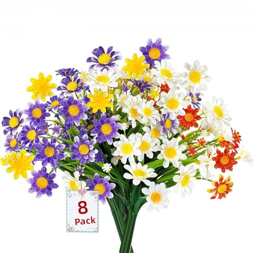 8PCS Artificial Daisy Flowers, UV Resistant Faux Plastic Greenery Shrubs, No Fade Fake Floral Plants for Spring Summer Indoor Outdoor Garden Porch Cemetery Grave Wedding Home Party Decor (Colorful)