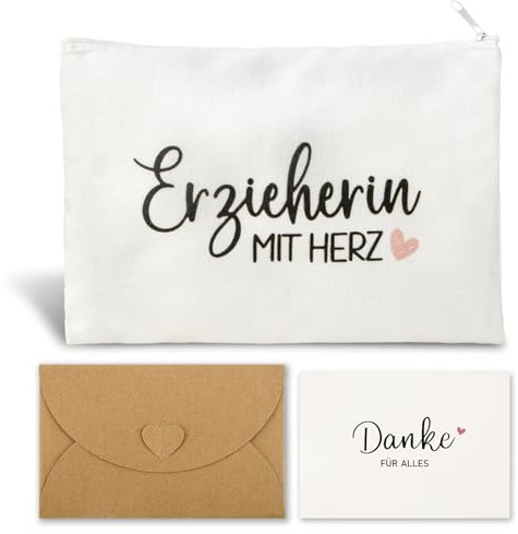 BETESSIN Kita Abschiedsgeschenk für Erzieherin - Erzieherin mit Herz - Weißes Mäppchen mit Dankeskarte und Umschlag - Make-up Tasche - Geschenkeidee für Erzieherin zur Weihnachten
