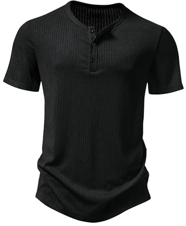 Men's Casual Grandad Collar Henley Shirt Smart Short Sleeve 3 Buttons Muscle Slim Fit Tee Summer Holiday Textured T Shirts Knitted Collarless Polo Tops-Black-L