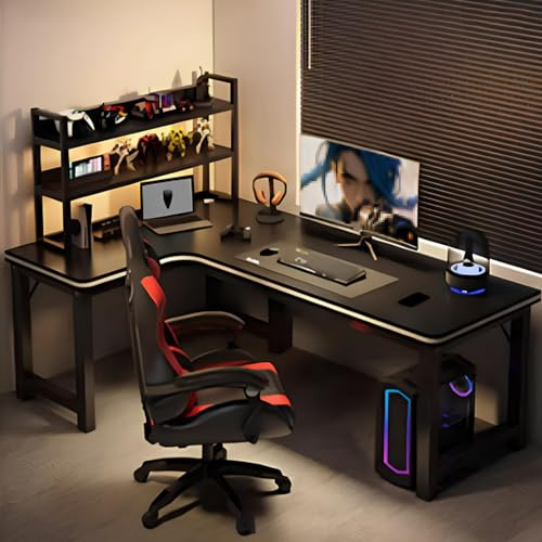 Schreibtisch L Form, 90° Gaming Ecktisch, Computertisch mit Ablageflächen, H-förmige Tischbeinhalterung, Optionaler Linker und Rechter Winkel, Schwarz