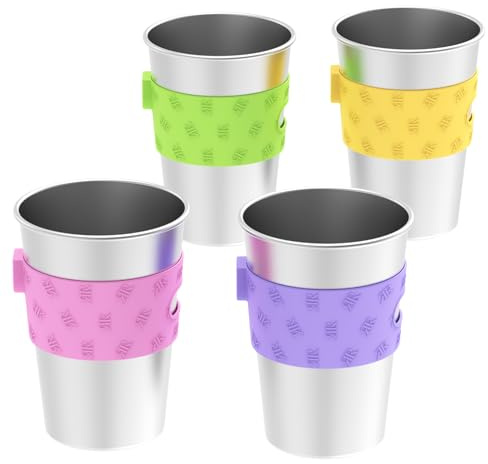 Rich&Ray Reusable Magnetic Fridge Cups 12 oz, 4 Pack Hanging on Fridge Magnetic Hanging Cup, Stainless Steel Cups with Silicone Cup Holder for Fridges or Water Coolers