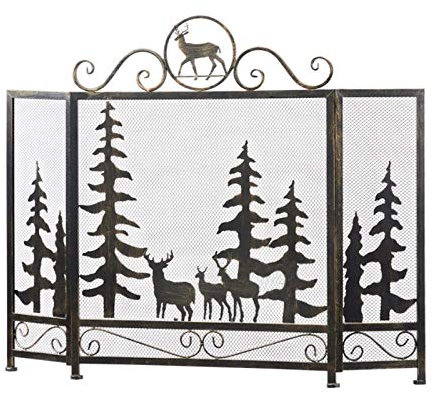 NSTVVEE Écran de cheminée Écran de cheminée en Fer au Fini usé Rustique Écran de cheminée en Maille d'acier d'élan de forêt à 3 Panneaux Grille de Protection Contre Les étincelles pour la