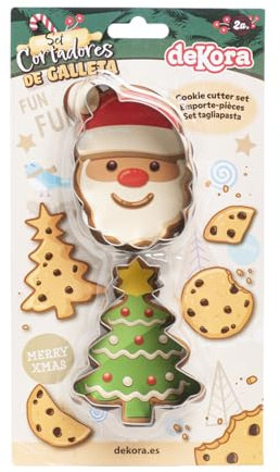 dekora - Set de Moldes de Galletas de Navidad - 2 Corta Pastas en Forma de Papá Noel y Árbol de Navidad - Cortadores de Repostería Metálicos Libres de BPA y Duraderos - Medidas entre 5 y 9 cm