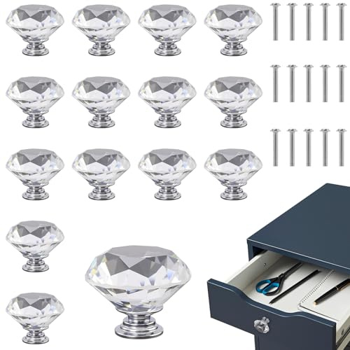 FUNSUEI 15PCS Crystal Glass Door Knobs, 40mm Clear Crystal Drawer Handles | for Cupboard, Cabinet, Wardrobe, Home Decorating with Screws, Transparent