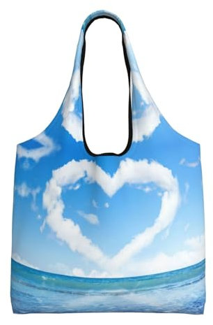 CHANGLEI Einkaufstasche in Herzform, romantische Strandtasche, Einkaufstasche für Damen und Herren, bedruckt, wiederverwendbar, faltbar, waschbar, leichte Tragetasche, Schwarz , Einheitsgröße