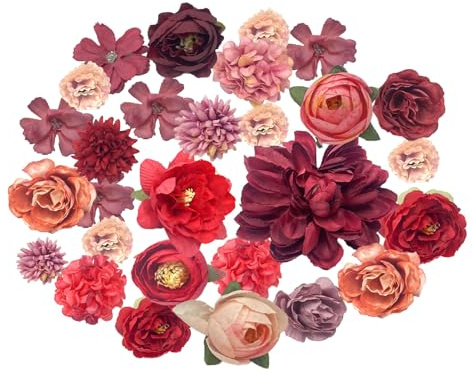 CIGAA 31 Stück Kunstblumen zum Basteln, Rot Blumen zum Basteln 4~8cm Stoffblumen, Mini Deko Blumen Künstlich, Kunstblumen Deko für DIY Basteln Scrapbooking Hochzeit Party Home Handwerk