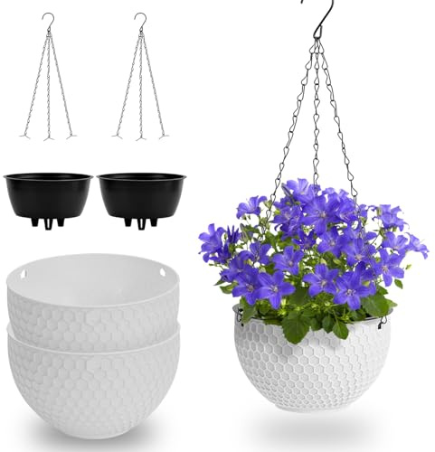 Kunjocy Set of 2 Hanging Planters Plant Pots, 8.3 Inch Self-watering Hanging Basket Outdoor Flower Pot with Drainage Hole Chain for Home Garden Decoration Balcony Ceiling Flower Room (White)