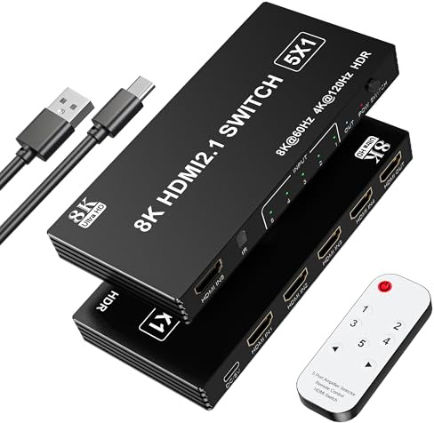 120 Hz HDMI-splitter 4K - 5-i-1 utgång 8K HDMI 2.1 med fjärrkontroll 3D/HDR/HDCP2.3, kompatibel med PS 5/4/3, Xbox Switch, DVD-spelare, TV, PC 4K, 120 Hz, HDMI Splitter