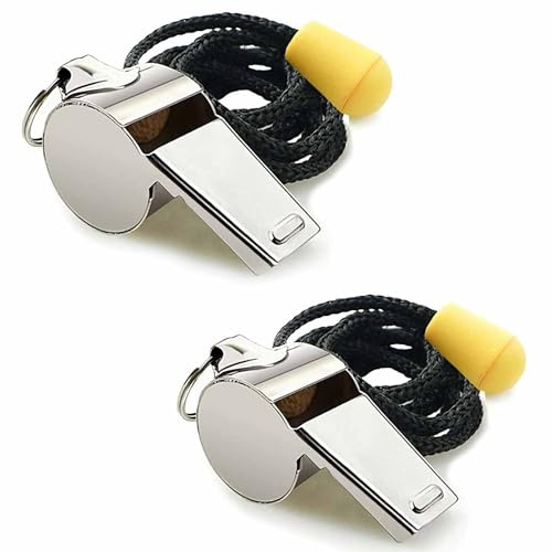JOOTUEPO 2 Pièces Sifflets de Sport en Acier Inoxydable avec Cordon, Sifflets Sonores Forts Parfaits, Metal Sifflet à Roulette, Sifflet D'extérieu, pour Les Entraîneurs, Les Arbitres et Les Officiels