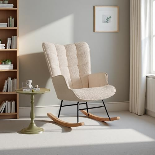 SUNFECILI Mecedora de Tela de Peluche, Silla de Lactancia con Respaldo Alto y reposabrazos, Mecedora reclinable ergonómica, Mecedora Moderna, Silla Decorativa para Dormitorio (Beige-I)