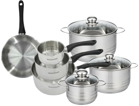 Fackelmann Batterie poêle 20 cm, casseroles et faitouts | 7 pièces en inox et verre, Poêle 20 cm et faitouts 16 à 24 cm, 3 casseroles du 12 au 20 cm, Tous feux dont induction