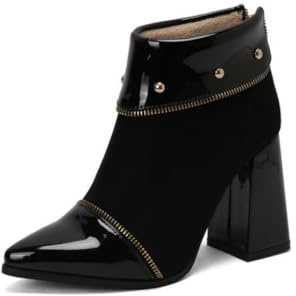 Damen Stiefeletten Aus Lackleder Und Wildleder Spitzem Zeh Bequeme Hohe Klobige Blockabsätze Reißverschluss Mit Nieten Slip On Abend Schuhe,Schwarz,43 EU