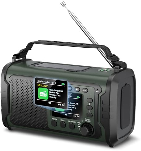 Radio di Emergenza DAB+/FM 20000mAh con Powerbank – Radio Solare e a Manovella con Bluetooth 5.3, SOS, Torcia e Luce Lettura per Campeggio e Blackout（Verde militare）