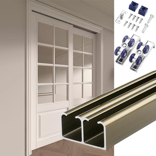 Blazea Herrajes Puertas Correderas Kit de Herrajes Silenciosos para Puertas Correderas de 2 Hojas, Guía para Puerta Corredera de Armario, Riel para Puertas Dobles Empotradas(Champagne,80cm(31.5in))