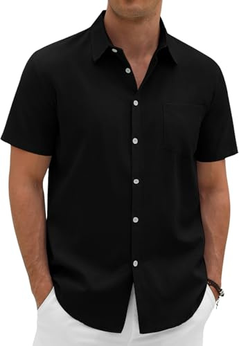 Xnova Camicia Uomo in Cotone e Lino Camicia Uomo Maniche Corte Estiva Regular Fit con Taschino la Spiaggia Camicie con Collo Button-Down Le Vacanze e Il Lavoro, Nero, XL