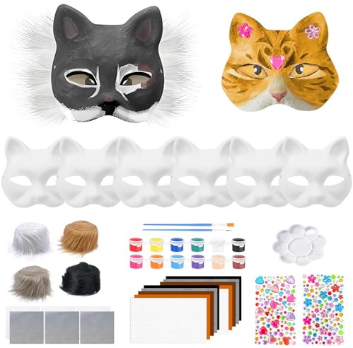 MoguGo Therian Mask gör-det-själv-set, 6 stycken kattmasker för målning, tomma Therian kattmasker för pyssel, gör-det-själv-pappersmask för cosplay, halloween, maskerad