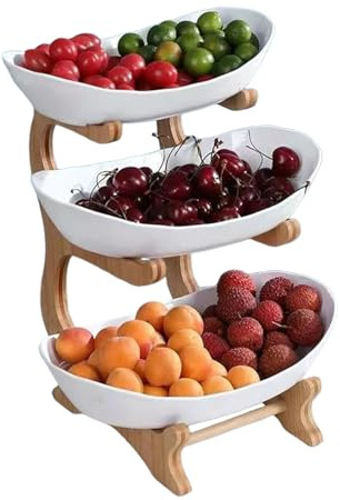 Generisch Soporte de frutas de 3 niveles, cesta de frutas con frutero blanco, estilo europeo, estante de bambú de madera maciza, organizador de cocina para frutas, aperitivos, frutas secas, estantes